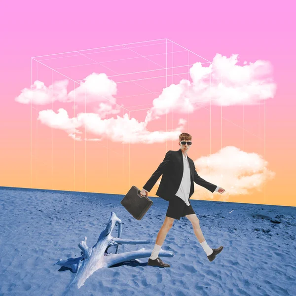 Contemporary Art Collage Colorful Design Stylish Young Man Walking Desert —  Fotos de Stock