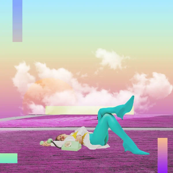 Contemporary Art Colorful Design Stylish Young Woman Lying Lavender Field — Fotografia de Stock