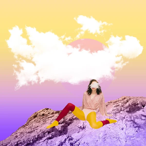 Contemporary Art Collage Colorful Design Young Woman Sitting Cliff Warm — Stockfoto