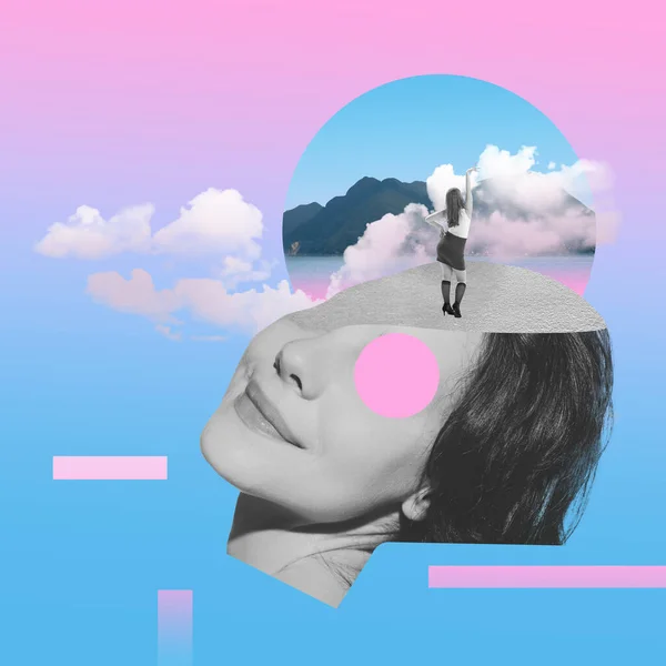 Contemporary Art Collage Colorful Design Female Face Elements Dream Young — Stock fotografie