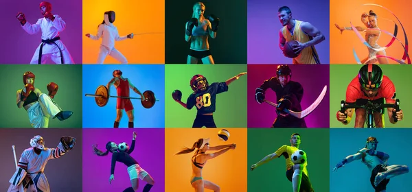 Colagem Esportiva Atletas Profissionais Gradiente Colorido Neoned Fundo Conceito Movimento — Fotografia de Stock
