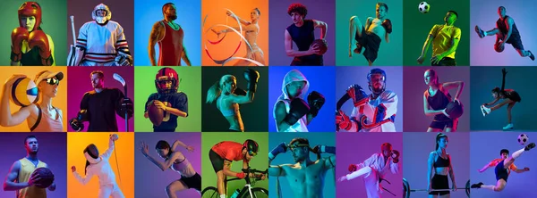 Mega Collage Professional Athletes Gradient Colorful Neoned Background Concept Motion — Stok fotoğraf