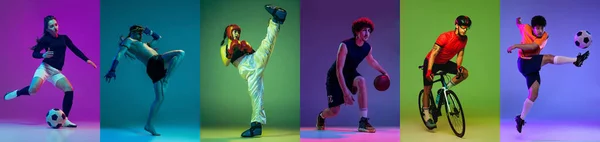 Flyer Collage Von Profisportlern Auf Buntem Neonfarbenem Hintergrund Bewegungskonzept Aktiver — Stockfoto