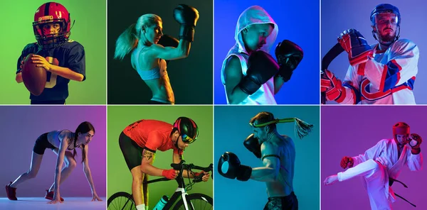 Sport Collage Van Professionele Atleten Gradiënt Veelkleurige Neonkleurige Achtergrond Concept — Stockfoto