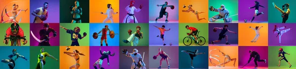 Different Sports Group Professional Athletes Action Isolated Multicolored Neoned Background — ストック写真