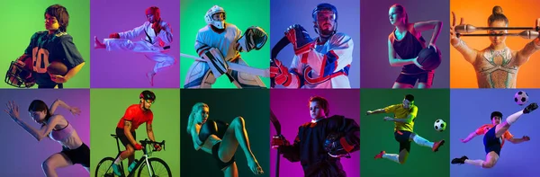 Colagem Desportiva Atletas Profissionais Gradiente Multicolorido Neoned Fundo Conceito Movimento — Fotografia de Stock