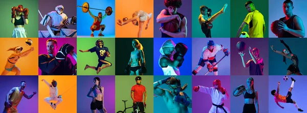 Sportovní Koláž Profesionálních Sportovců Gradientním Pestrobarevném Neonovém Pozadí Koncepce Pohybu — Stock fotografie