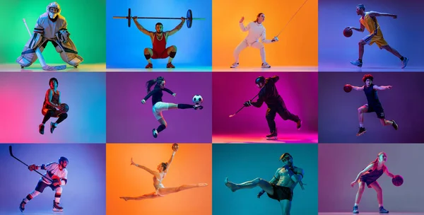 Hockey Soccer Basketball Fencing Thai Boxing Gymnastics Collage Different Athletes — Photo