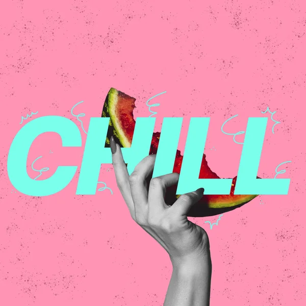 Colorful design with female hand holding watermelon over big lettering isolated on pink background. Summer chill. Magazine, urban style. Moder collage. Concept of party, holiday, creativity, ad