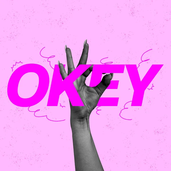 Creative Colorful Design Female Hand Showing Gesture Isolated Pink Background — 스톡 사진