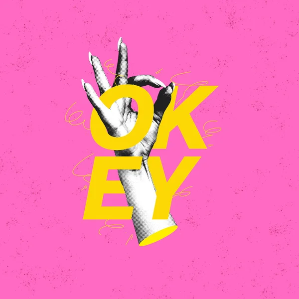 Creative Colorful Design Female Hand Showing Gesture Isolated Pink Background — 스톡 사진