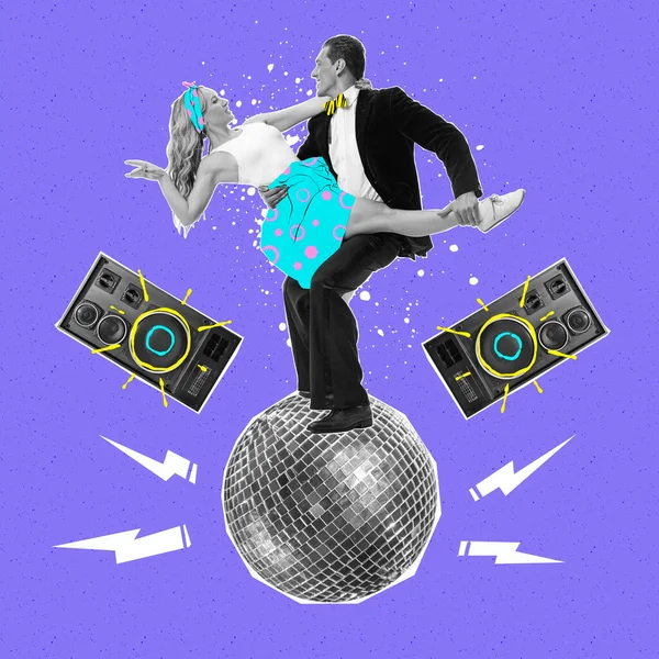 Contemporary artwork. Creative design. Passionate couple dancing tango at disco party isolated on blue background. Concept of creativity, retro style, fun. Magazine style, artwork. Copy space for ad