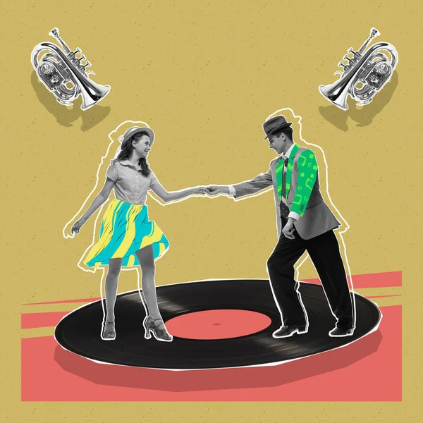 Contemporary Art Collage Creative Design Beautiful Couple Dancing Tango Vinyl — Φωτογραφία Αρχείου