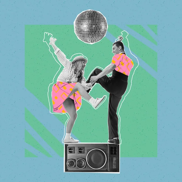 Contemporary art collage. Creative design. Stylish, young couple dancing on vintage music player isolated on blue background. Concept of creativity, retro style, party, fun. Copy space for ad