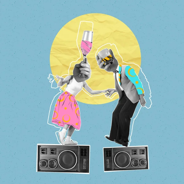 Contemporary Art Collage Creative Design Young Couple Dancing Vintage Music — ストック写真