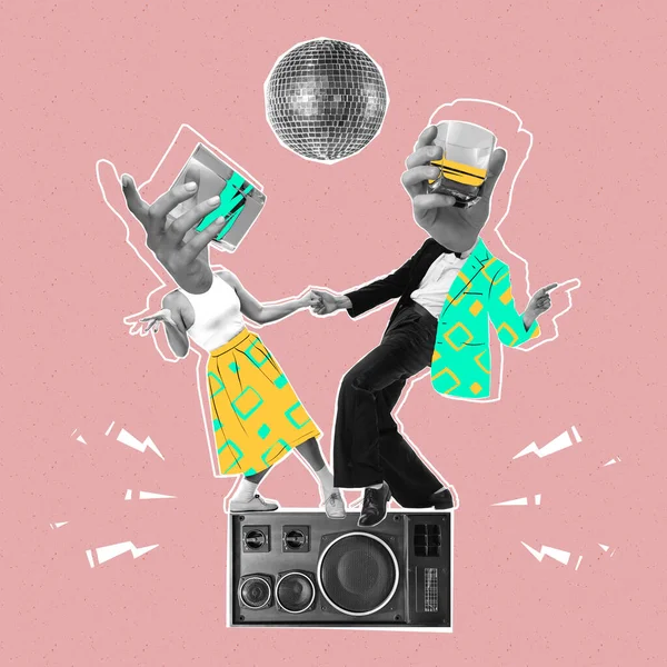 Collage Arte Contemporáneo Diseño Creativo Pareja Joven Bailando Reproductor Música — Foto de Stock