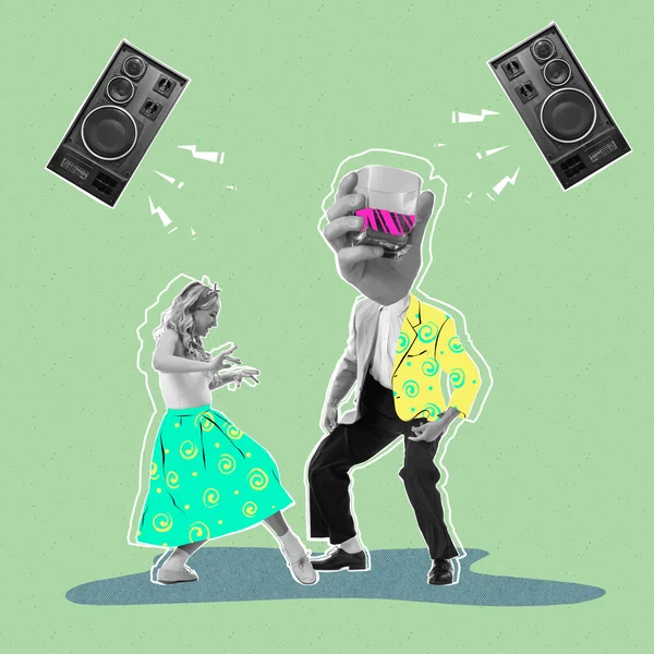 Коллаж Современного Искусства Творческий Дизайн Стильные Мужчина Женщина Веселятся Танцуют — стоковое фото