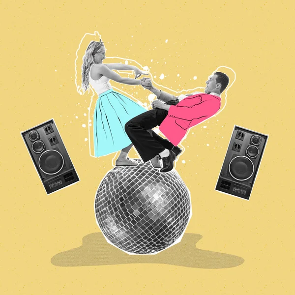 Contemporary Art Collage Creative Design Stylish Couple Dancing Disco Ball — Stock Photo, Image