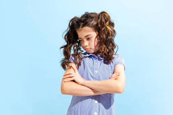 Offended Portrait Winsome Little Girl School Age Kid Summer Dress — Φωτογραφία Αρχείου