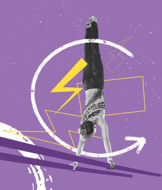 Spor jimnastiği. Bir çocuk, profesyonel jimnastik sanatçısı soyut arka planda izole edilmiş egzersizler yapıyor. Spor anlayışı, aktif ve sağlıklı yaşam tarzı, dayanıklılık, güç ve kişisel başarı