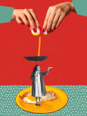 Çağdaş sanat kolajı. Yaratıcı tasarım. Şemsiyenin altında yumurtaları düşen genç bir kadın. Akşam yemeği hazırlığı. Yaratıcılık kavramı, pop sanatı, yemek, retro tarzı. İlan için alanı kopyala