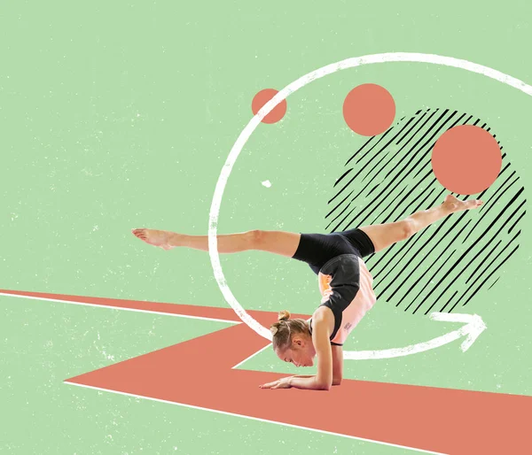 Handstand Contemporary Art Collage Flexible Beautiful Little Girl Gymnastics Artist — Stok fotoğraf