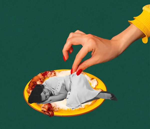 Contemporary Art Collage Creative Design Young Woman Lying Plate Fried — Fotografia de Stock