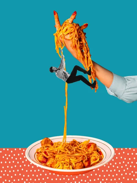 Contemporary art collage. Creative design. Funny image of man climbing up the delicious cheese pasta. Concept of creativity, pop art, food, retro style, surrealism. Copy space for ad