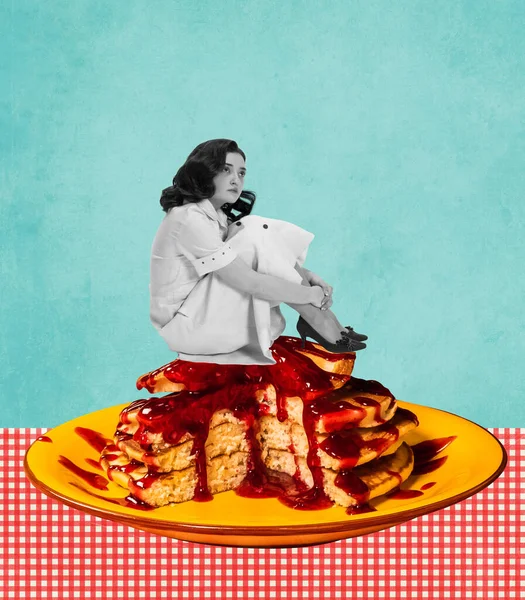 Contemporary Art Collage Creative Design Desperate Sad Woman Sitting Delicious — Stock Fotó