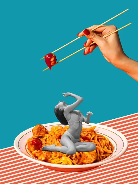 Contemporary Art Collage Creative Design Tender Woman Sitting Plate Delicious — Zdjęcie stockowe