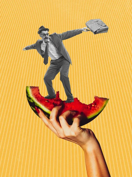 Contemporary Artwork Creative Design Stylish Man Official Clothes Surfing Watermelon — Stok fotoğraf