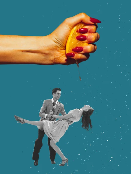 Contemporary Art Collage Creative Design Beautiful Young Couple Dancing Squeezing — Φωτογραφία Αρχείου