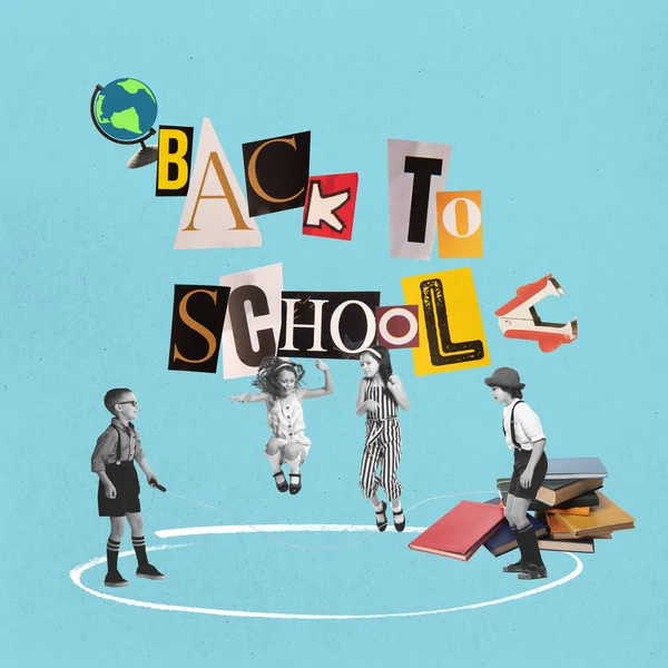 Leisure activities. Contemporary collage with happy kids, pupils playing isolated on blue background with cut out letters in magazine style. Childhood, education, studying, back to school concept.