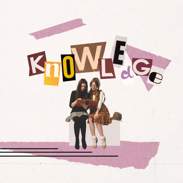 New knowledges. Creative collage with two school age girls isolated on light background with cut out letters in magazine style. Friendship, carefree childhood, education, studying. Minimalism