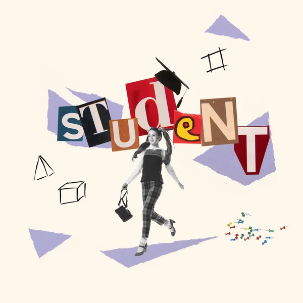 Running to class. Back to school concept. Creative collage with school age girl isolated on light background with cut out letters in magazine style. Childhood, education, studying. Copy space for ad