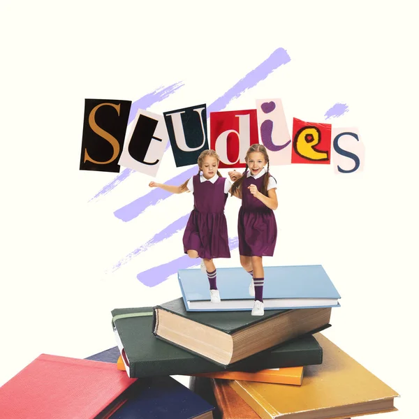 Contemporary collage with happy little girls, pupils isolated on light background with cut out letters in magazine style. Childhood, education, studying, back to school concept. Copy space for ad