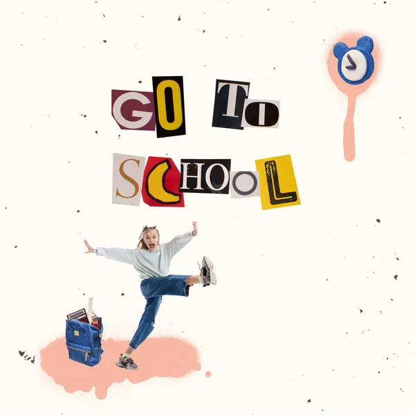 Stepping to new academic year. Art collage with joyful school age girl isolated on light background with cut out letters in magazine style. Childhood, education, studying, back to school and ad