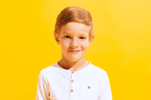 Charming Kid Looking Camera Smiling Portrait Cute Little Boy Happy — Fotografia de Stock