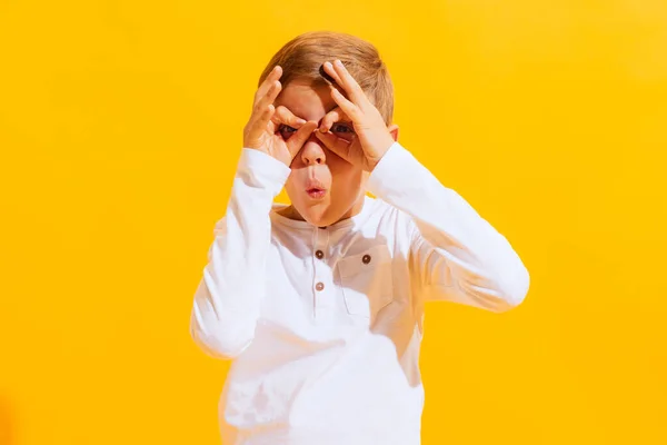 Making Finger Eyeglasses Portrait Cute Little Boy Happy Kid Isolated — Fotografia de Stock