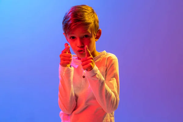 Studio Shot Stylish Little Boy Kid Posing Isolated Gradient Blue — Φωτογραφία Αρχείου