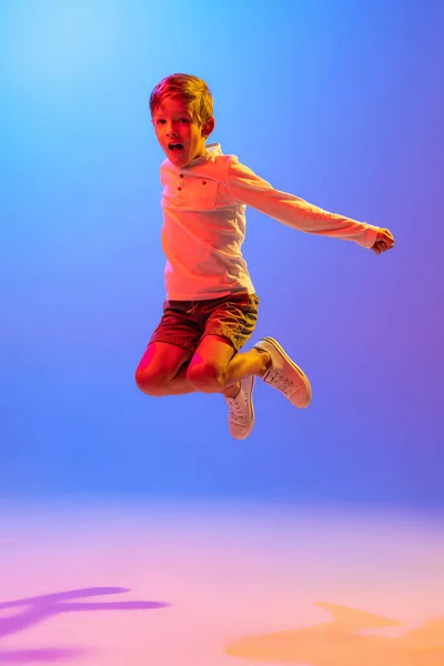 Happiness Joy Studio Shot Stylish Little Boy Kid Jumping Isolated — Fotografia de Stock