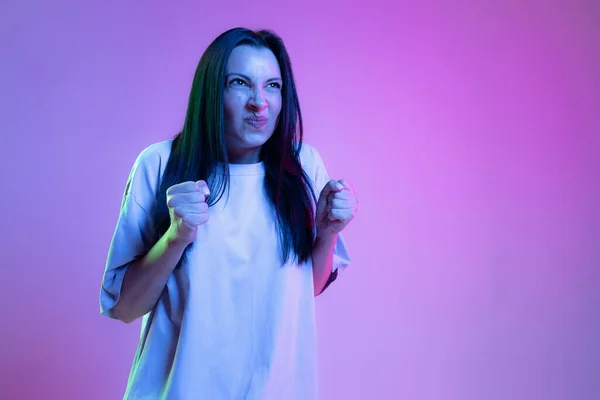 Angry Annoyed Girl Young Woman Long Glossy Dark Hair Isolated — Fotografie, imagine de stoc