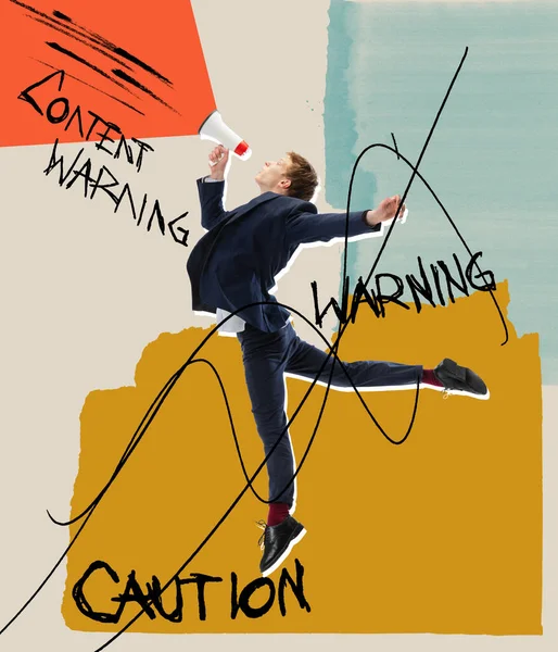 Contemporary Art Collage Young Man Making Warning Exclamations Megaphone Concept — Stock Photo, Image