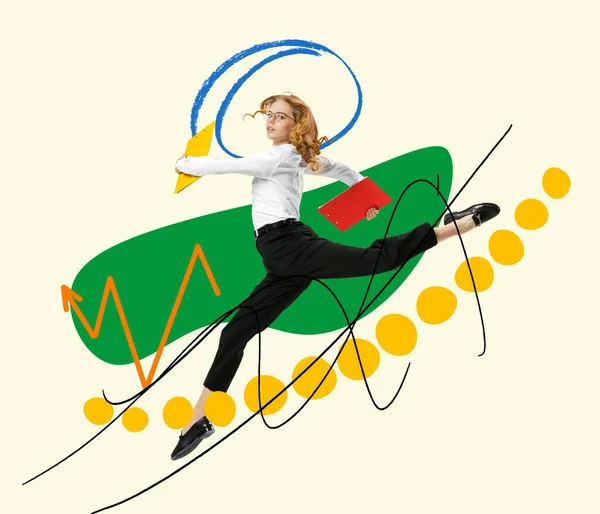 Contemporary Art Collage Young Business Woman Being Hurry Folder Ballet — Fotografia de Stock