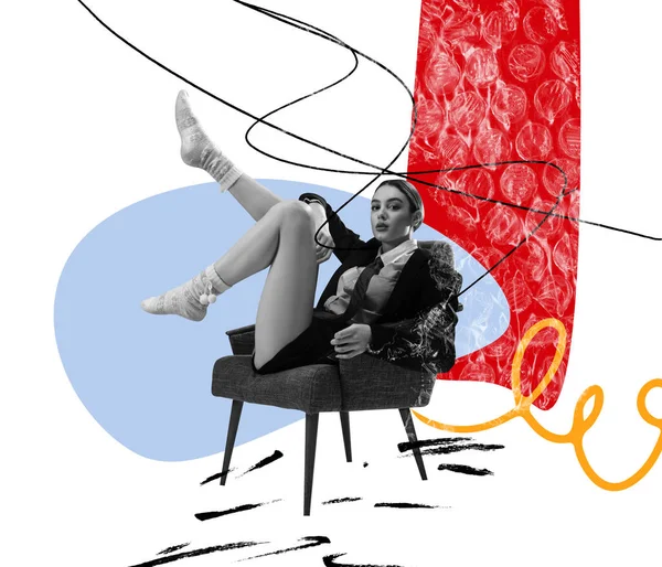 Contemporary Art Collage Beautiful Business Woman Pointe Sitting Chair Attentively — Stok fotoğraf