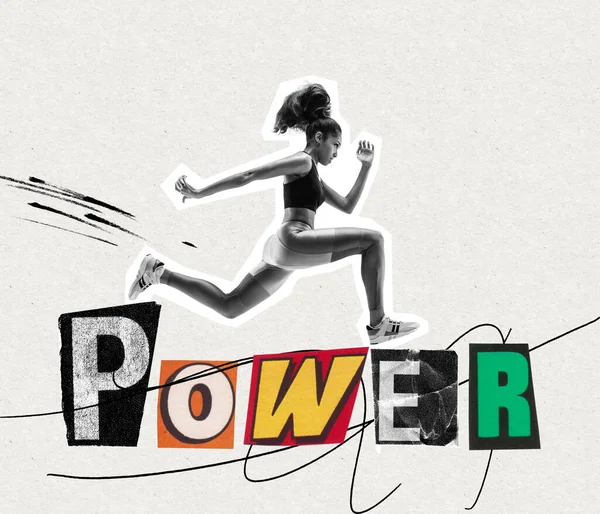 Contemporary art collage. Sportive, motivated girl, athlete running on big letters of power. Concept of retro style, creativity, surrealism, imagination. Creative artwork. Magazine style, poster, ad