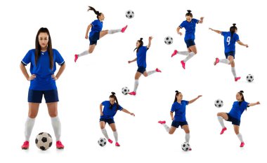 Cinsiyet kalıplarının yok edilmesi. Kadın futbolcunun hareket halindeki fotoğraflarından oluşan kolaj, beyaz arka planda izole edilmiş hareket. Hücum, savunma, dövüş, tekme. Mavi futbol takımındaki kadın.
