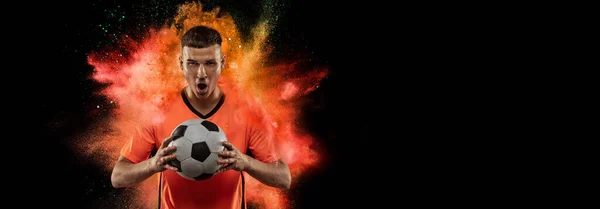 Creative Sport Collage Young Man Professional Soccer Player Setting Win — Stock fotografie