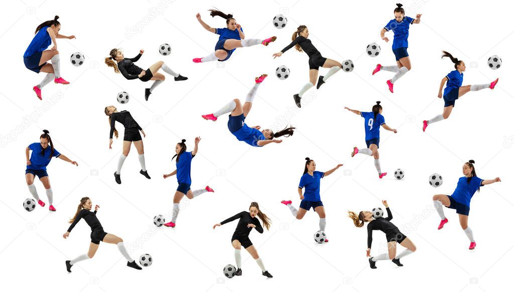 Women in sports. Set of dynamic images of female professional football soccer players with ball in motion, action isolated on white studio background. Sport, attack, defense, fight, kick. Championship