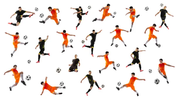 Collage Made Dynamic Images Male Professional Football Soccer Players Ball — Foto de Stock